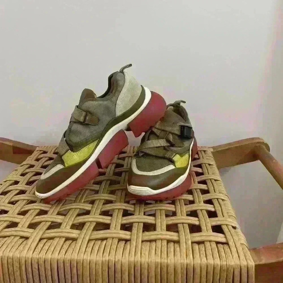 Chloe Shoes - Chloé Sonnie Color Block Leather made in Italy Sneakers Olive green 36 luxury